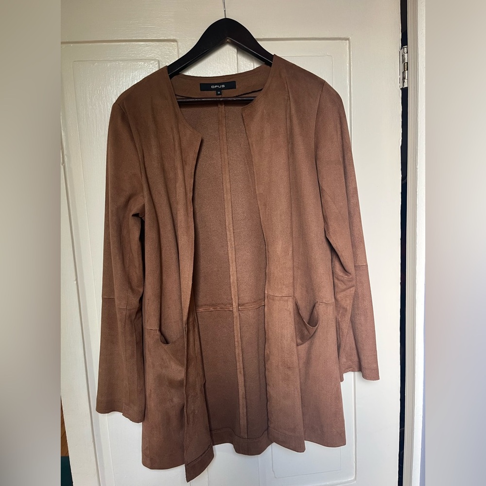 Long Light Brown OPUS  Faux‑Suede Open Front Jacket